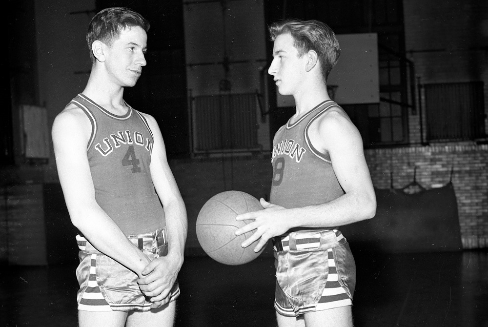 Two Grand Rapids Union basketball players stand for a photo taken Dec. 12, 1941.