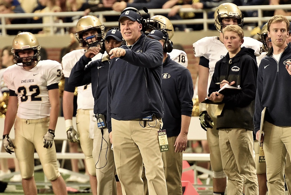 Chelsea coach Brad Bush directs his team during the 2015 Division 3 Final at Ford Field.