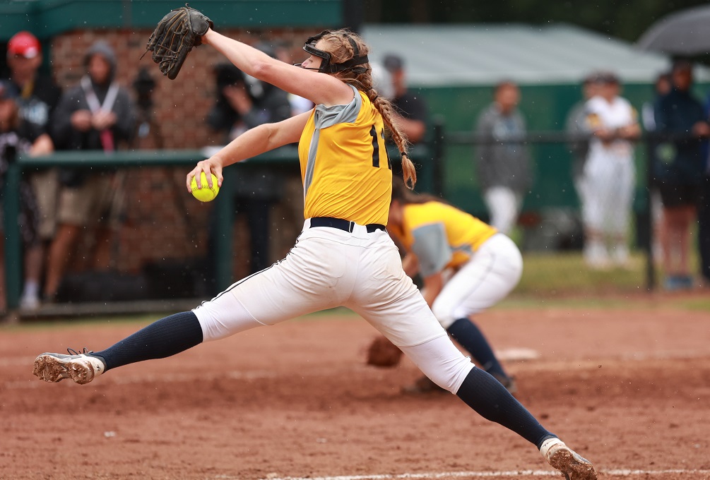 Owosso’s Macy Irelan unloads a pitch during the 2021 Division 2 Final.