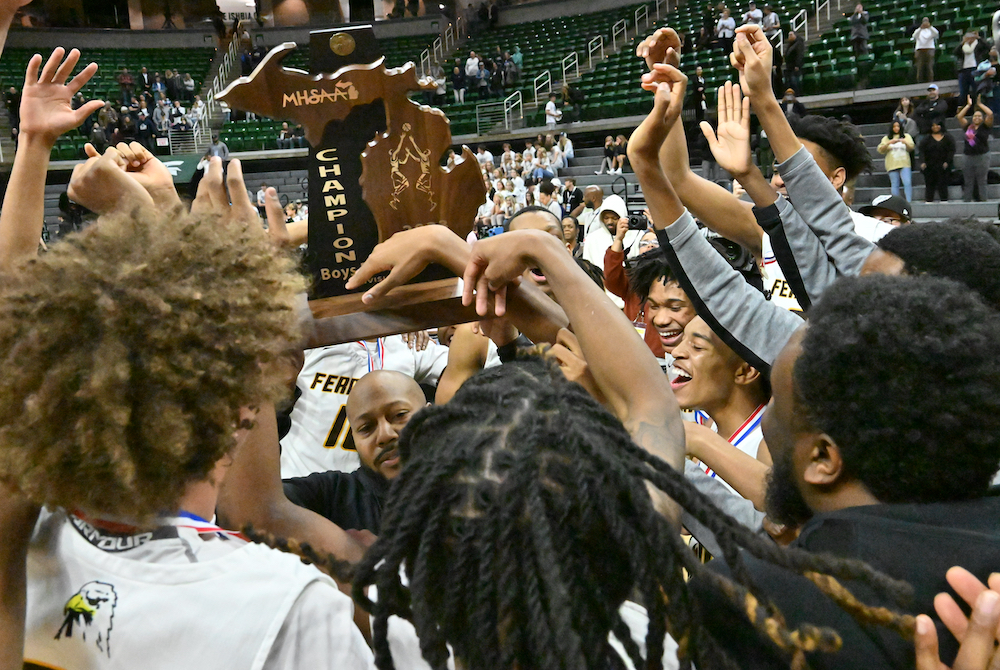 Ferndale raises the Division 2 championship trophy Saturday night at Breslin Center.