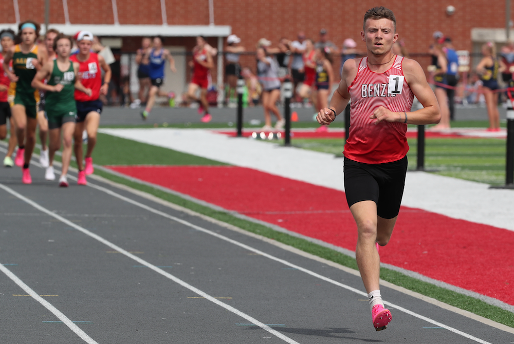 Benzie Central’s Hunter Jones, far right, leads one of his races by a significant margin Saturday at Kent City. 