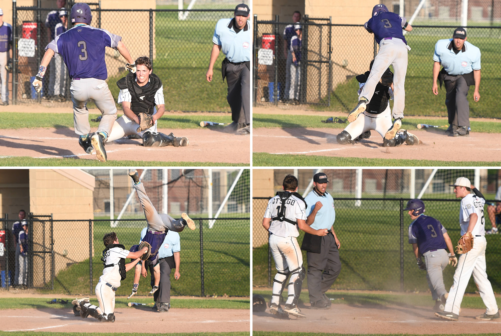 A baseball runner is called out after illegally diving over the catcher to avoid a tag.