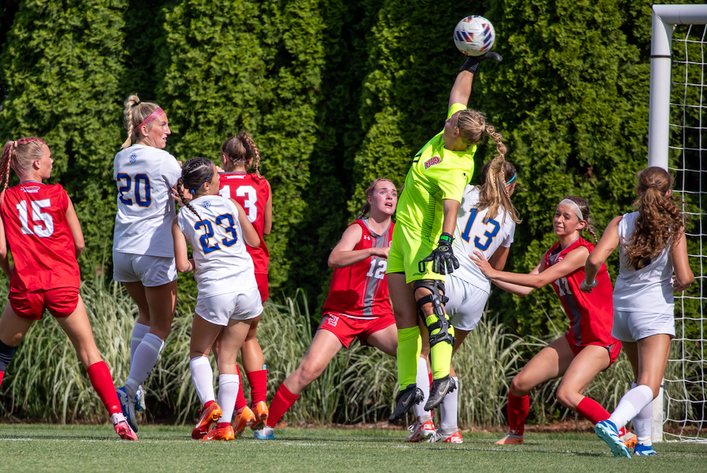 Spring Lake keeper Jessica Stewart, in green, goes high to get a hand on the ball Saturday at DeMartin Stadium. 