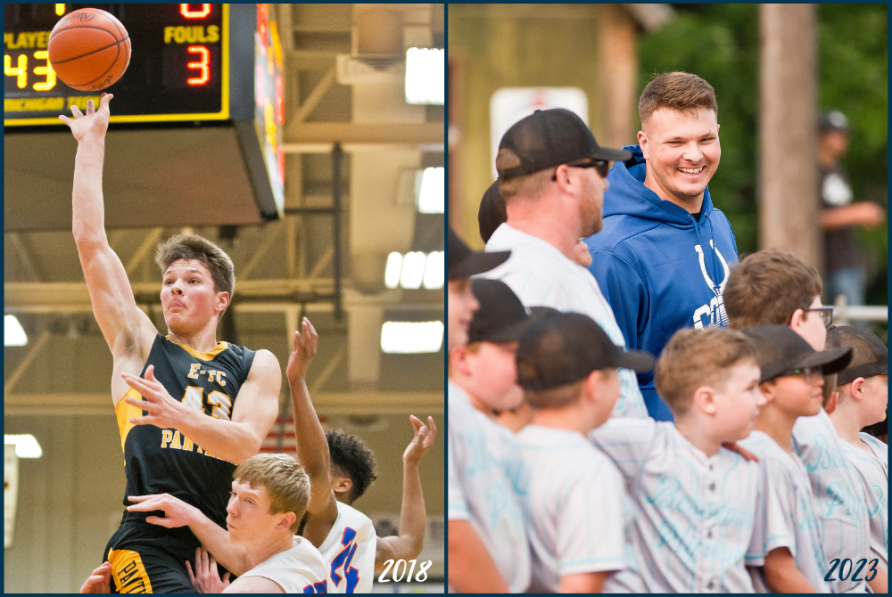 At left, Jake Witt played for Ewen-Trout Creek during a 2018 basketball game at Michigan Tech, and at right Witt takes a photo with area youth baseball players last summer. 
