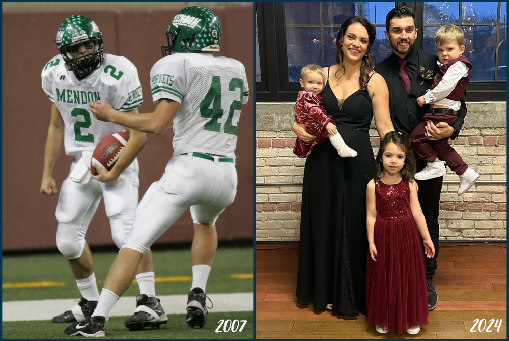 At left, Mendon’s CJ Nightingale (2) celebrates during his team’s 2007 championship win over Traverse City St. Francis at Ford Field; at right Nightingale is pictured with his wife Shanel and children Charlotte, Trey and Coco.