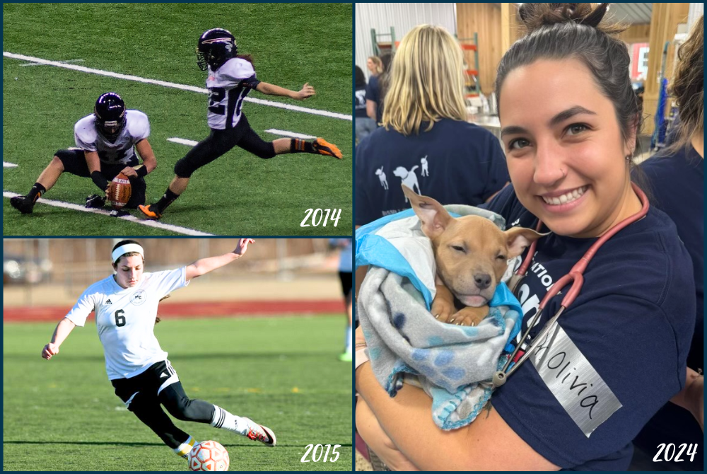 Marine City’s Olivia Viney kicks at the 2013 11-Player Football Finals, also during her spring soccer season, and cares for one of her patients as an associate veterinarian.