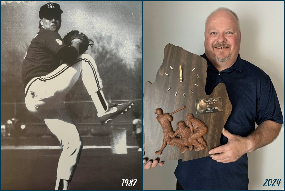 At left, Dan Hilliard pitches for Monroe High as a senior in 1987; at right, he holds up his Mr. Baseball Award that continues to hang on a basement wall.