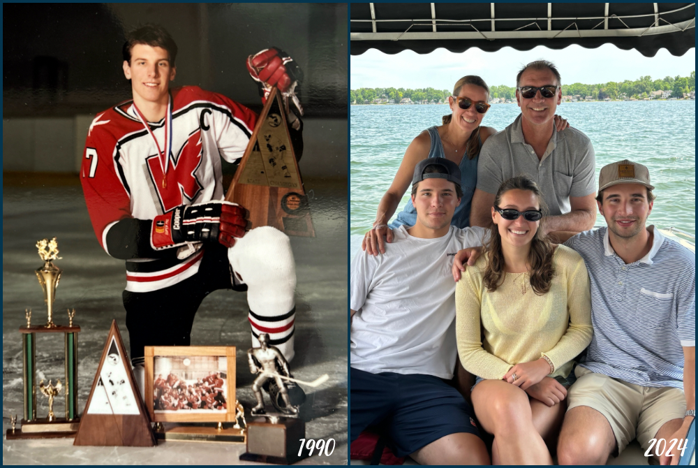 At left, East Kentwood’s Mike Knuble as a high school senior in 1990, and at right with his family.
