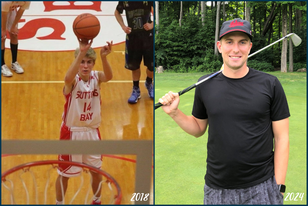 At left, Suttons Bay's Thomas Hursey prepares to shoot a free throw during his senior season, and at right Hursey remains at home on the golf course. 
