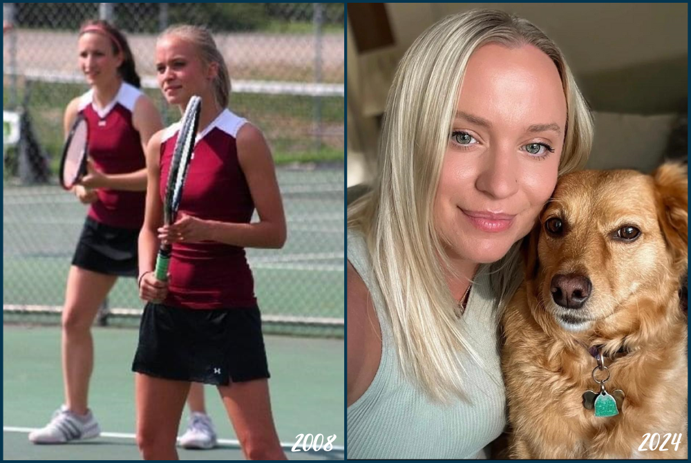 At left, Parchment’s Amanda Person plays a 2008 tennis match with doubles partner Kelly Drummond; at right, Person and her dog Tessa.