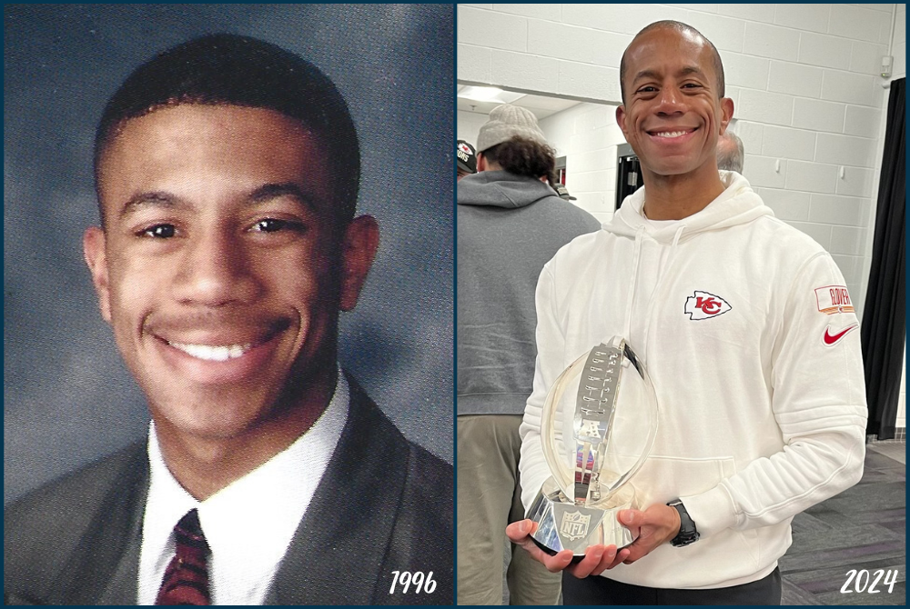 At left, David Glover as a senor during the 1995-96 school year at Muskegon Catholic Central, and at right Glover shows the AFC Championship trophy after Kansas City's 17-10 win at Baltimore on Jan. 28.