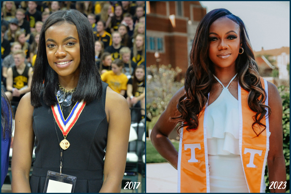 At left, Jordan Walker stands with her class on the Breslin Center floor during the 2017 MHSAA/Farm Bureau Scholar-Athlete Awards ceremony, and at right in 2023 after receiving her second master's degree from University of Tennessee. 