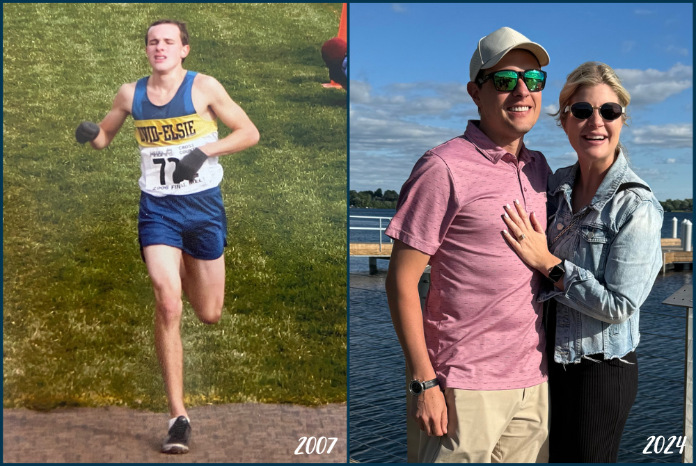 At left, Maverick Darling crosses the finish line during a race as an Ovid-Elsie senior in 2007; at right Darling poses with fiancé Danielle. 