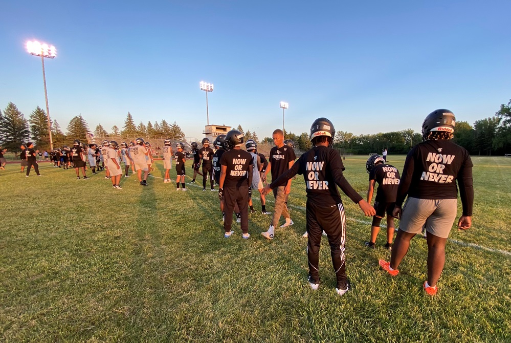 Saginaw United players take to the field at the former Saginaw High on Monday for their first practice as a new school and program.