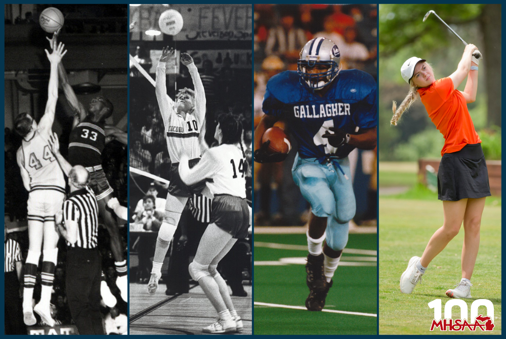 This graphic shows Michigan high school athletes competing in boys basketball during the 1960s, girls volleyball during the 1970s, football during the 1990s and golf during the 2020s.