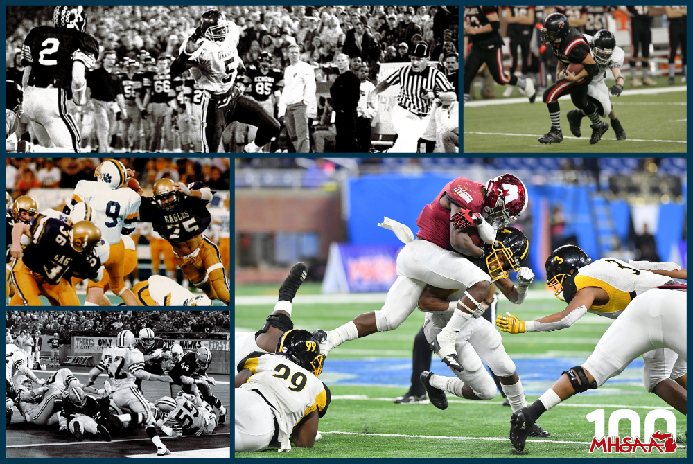 Clockwise from top left: (1) Oxford’s Carl Reaves (5) breaks a tackle during Oxford’s 20-13 overtime win over Grand Rapids Kenowa Hills in Class BB in 1992. (2) A Crystal Falls Forest Park ball carrier is wrapped up by a New Lothrop tackler during New Lothrop’s 34-13 win in Division 8 in 2006. (3) Muskegon and Detroit Martin Luther King players collide during the Crusaders’ 41-25 victory in Division 3 in 2018. (4) Schoolcraft’s Paul Garrison (75) applies the pressure during his team’s 42-7 win over Frankfor