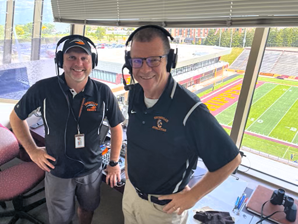 Mike Grisdale, right, and partner Nate King broadcast a Cheboygan game from Central Michigan University.