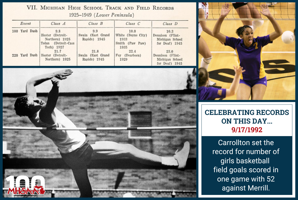 Clockwise from top left: (1) The lead-in to Track & Field Finals records listed in “Athletics in Michigan High Schools – The First Hundred Years” shows a few of the elite performances from our earliest meets. (2) Leland volleyball star Alisha Glass celebrates with her teammates; she still holds four MHSAA records in that sport. (3) Every day this school year, the MHSAA is posting a record on its Instagram and X social media channels, and the great majority took place on that specific day. (4) Brimley’s John