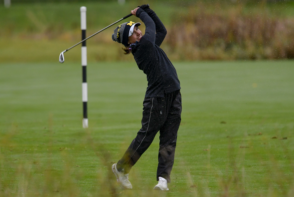 Grand Rapids Christian’s Lillian O’Grady powers through an approach during last season’s Lower Peninsula Division 3 Final at The Meadows at Grand Valley State. 