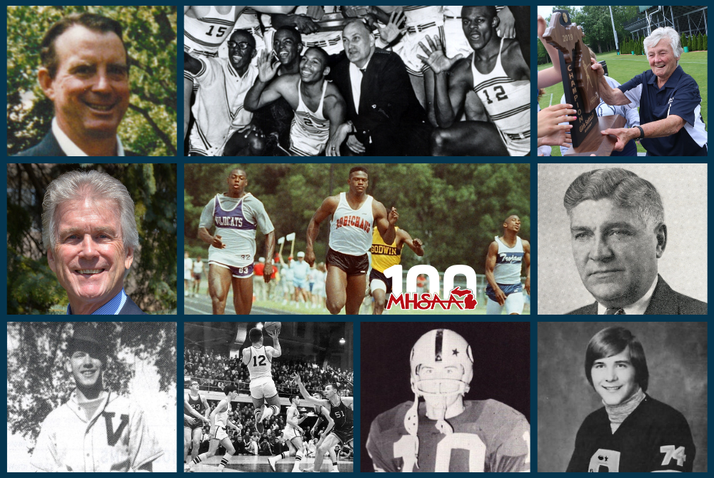 Clockwise from top left: Bob Wood, Lofton Greene (in suit) with his 1965 team, Diane Laffey, Charles E. Forsythe, Jim Johnson, Brad Van Pelt, Richie Jordan (shooting the basketball), Ken Beardslee, and Jack Roberts, surrounding Tyrone Wheatley (Robichaud) during a race. 