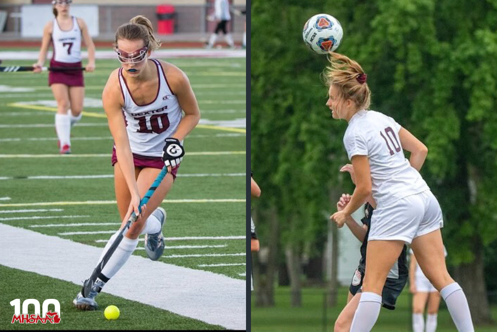 At left, Abby Tamer plays field hockey for Dexter, and at right she takes the field for Dexter's girls soccer team.