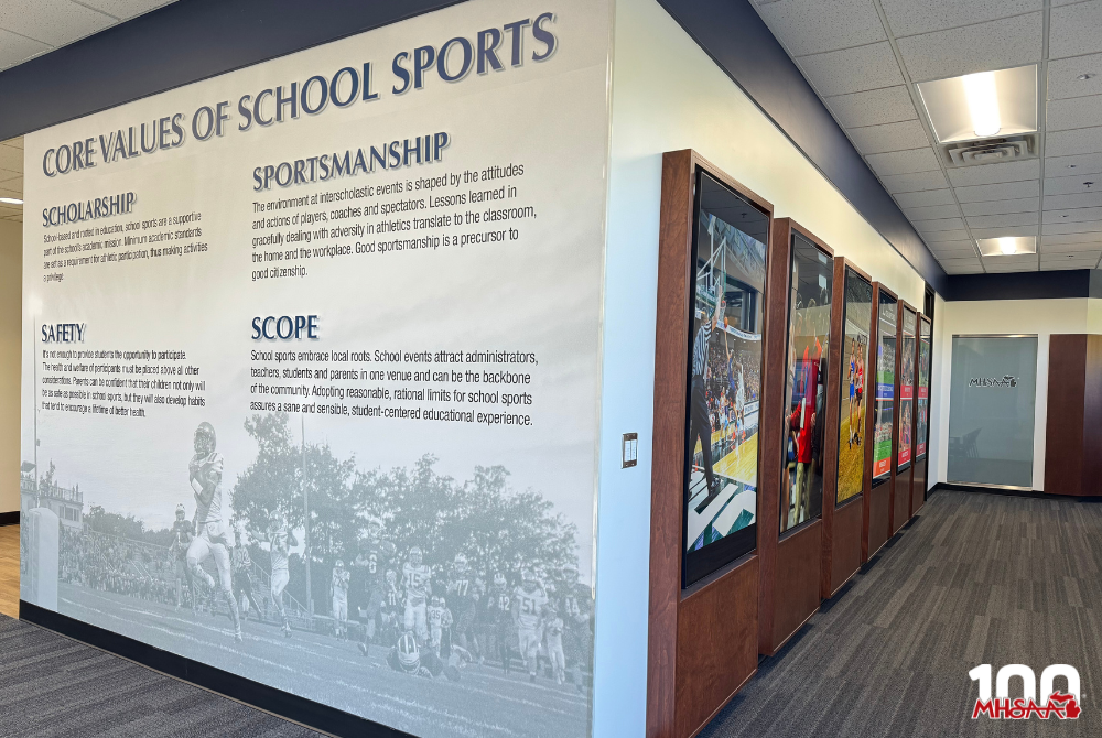 A display on the second floor of the MHSAA office outlines the four core values of educational athletics: safety, scholarship, sportsmanship and scope.