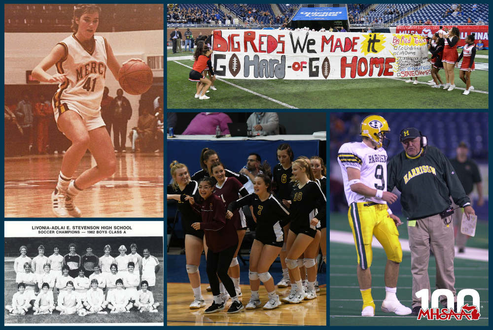 PHOTOS Clockwise from top left: Farmington Hills Mercy's Sarah Basford directs the offense during a 1982 Class A Semifinal against Lansing Everett. (2) Lansing Sexton's cheerleaders await their football team's entrance at Ford Field. (3) Farmington Hills Harrison football coach John Herrington sends a play in with quarterback Drew Stanton. (4) Reese volleyball players dance together during a break in the 2021 Division 3 Final. (5) The 1982 Livonia Stevenson boys soccer team takes a team photo used in the MH