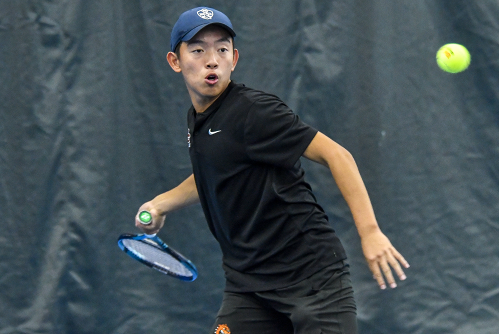 Byron Center’s Terrence He prepares to send a forehand back to his opponent during a match at last season’s LPD2 Finals.