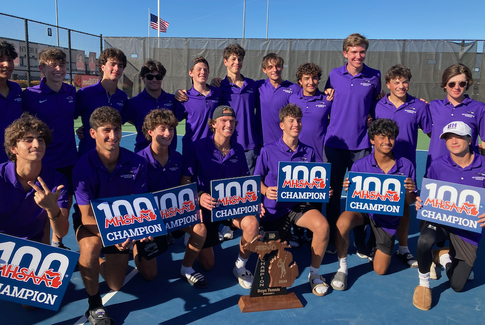 Bloomfield Hills poses with its latest team championship trophy, won this weekend at Byron Center West Sports Complex.