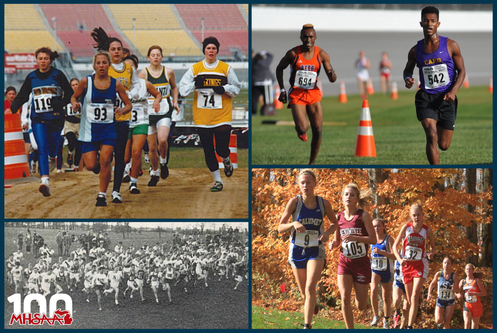 (Clockwise from top left) The 1998 Lower Peninsula Class D Final begins at Michigan International Speedway. (2) Caro’s Yami Albrecht (542) holds onto the lead ahead of Bridgman’s Brian Njuguna during the 2016 LP Division 3 Final. (3) Eventual runner-up Leah Kiilunen of Calumet (9) leads a pack at the 2012 UP Division 1 race in Munising. (4) Runners begin the 1949 LP Class B Final at Washtenaw Country Club.