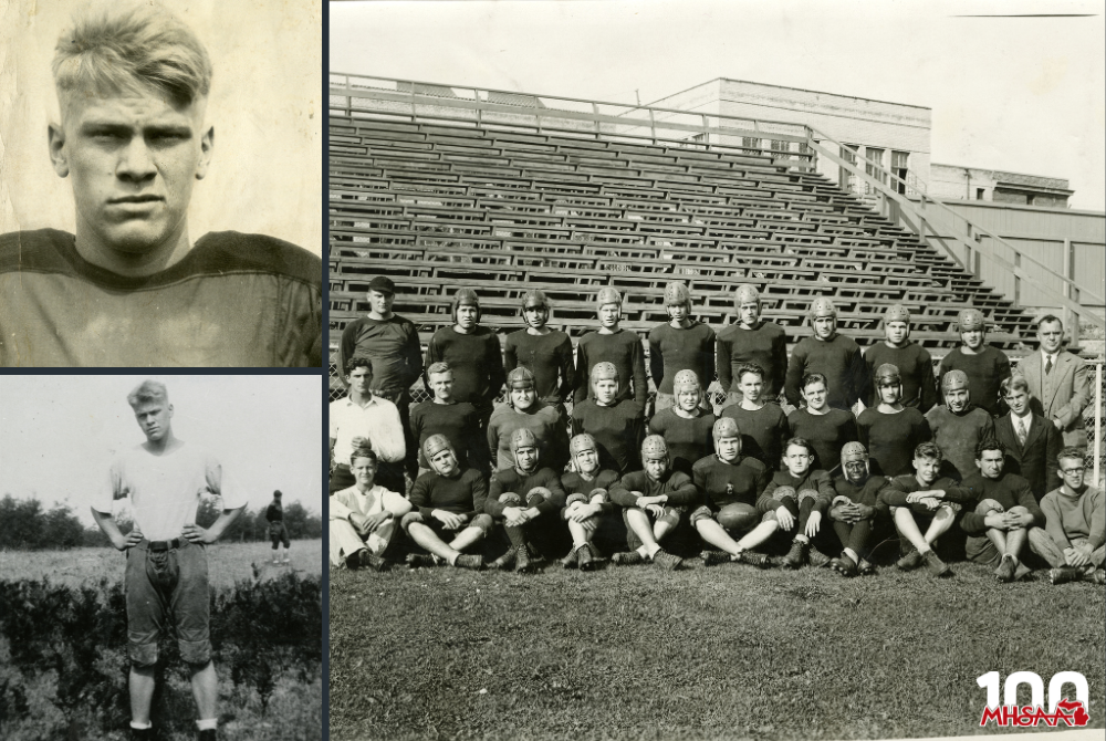 Clockwise from top left: Gerald Ford headshot from 1929. (2) Ford appears in a team photo with Grand Rapids South that fall. (3) Ford stands in football pants in 1930.