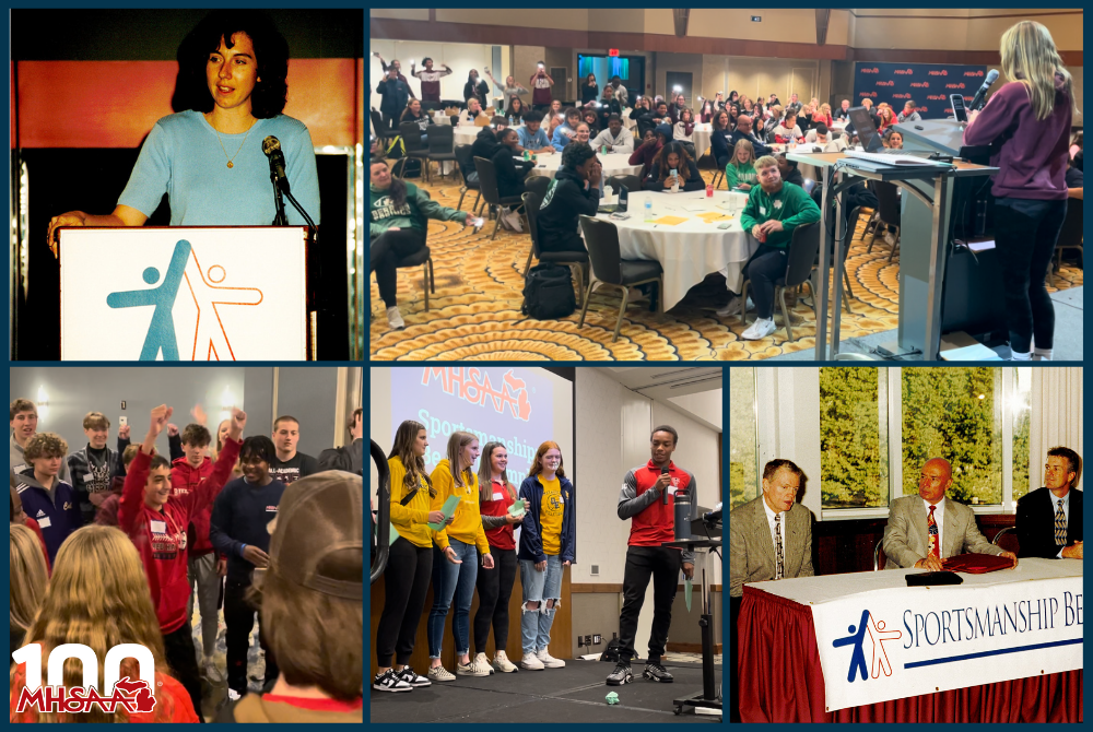 Students and adults participate at MHSAA Sportsmanship Summits through the years: At top left, a student speaks at a podium, and at top right a student reads to others from her phone. Bottom left, a student cheers while surrounded by others, adjacent to students on stage speaking on a topic. At bottom right, Tom Osborne speaks to media. 