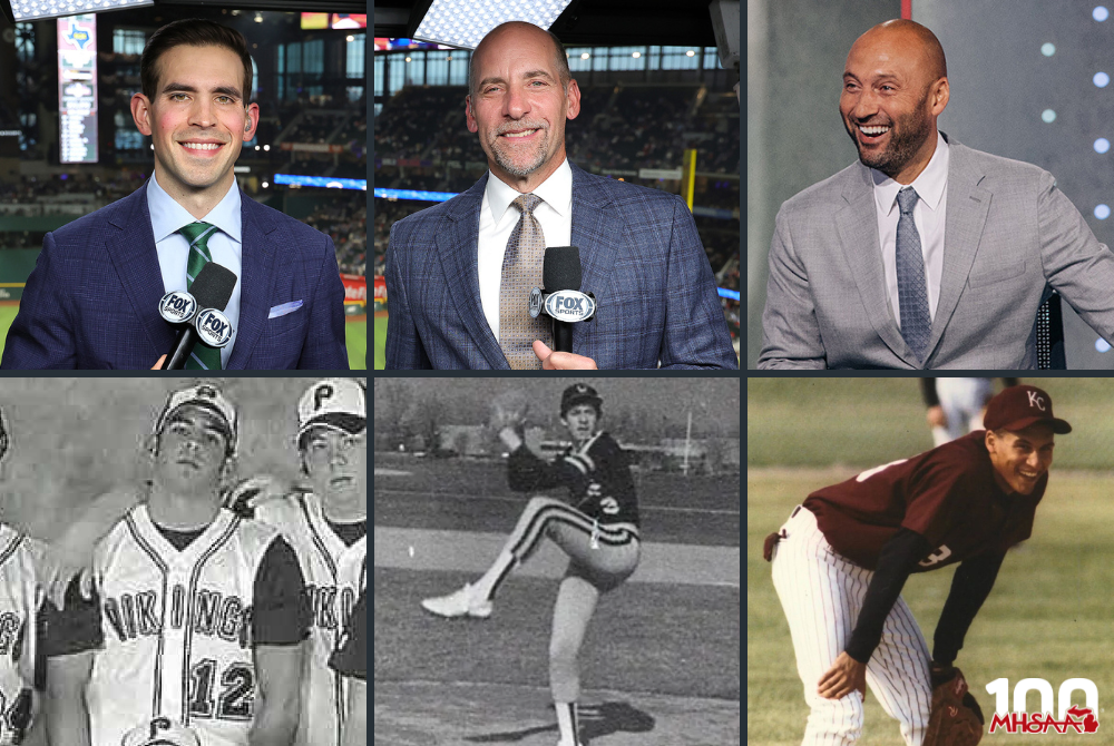 Top row, from left: Fox Sports broadcasters Joe Davis, John Smoltz and Derek Jeter. Bottom row from left, Davis as a student at Potterville, Smoltz pitching for Lansing Waverly and Jeter playing infield for Kalamazoo Central.