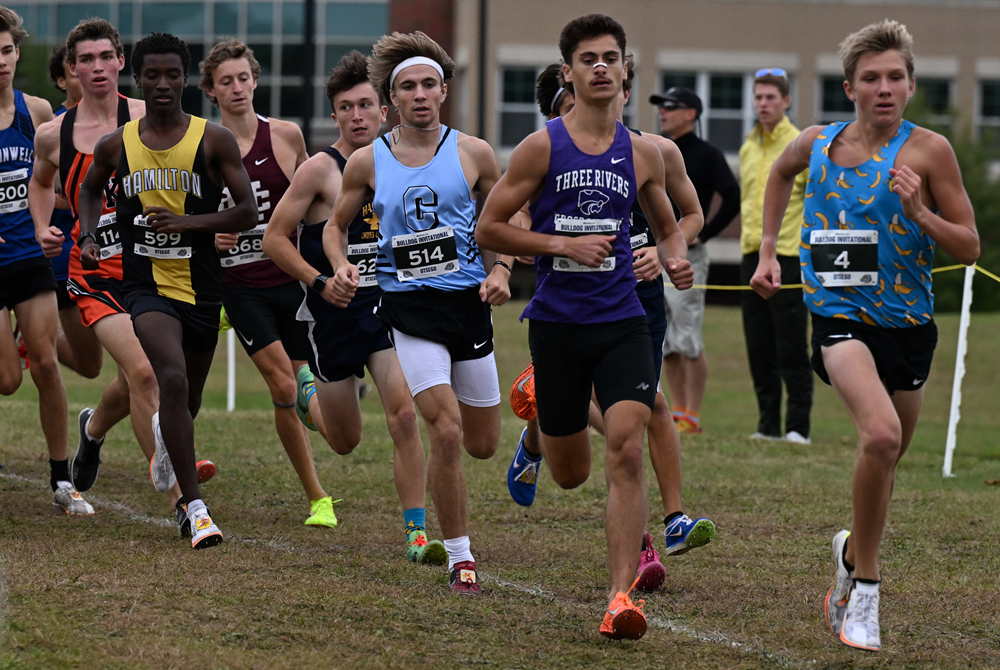 Several runners, including Grand Rapids Christian’s Simon Triezenberg (514), run the Division 2 race Sept. 28 at the Otsego Invitational. 