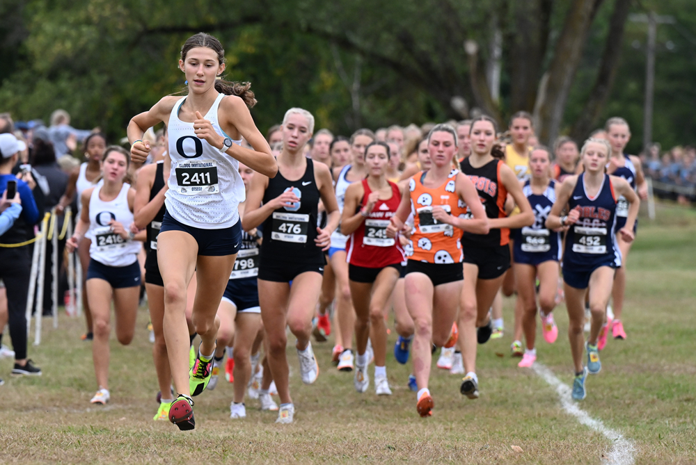 Otsego’s Emma Hoffman (2411) leads on the way to winning Division 2 race Sept. 28 at the Otsego Invitational. 