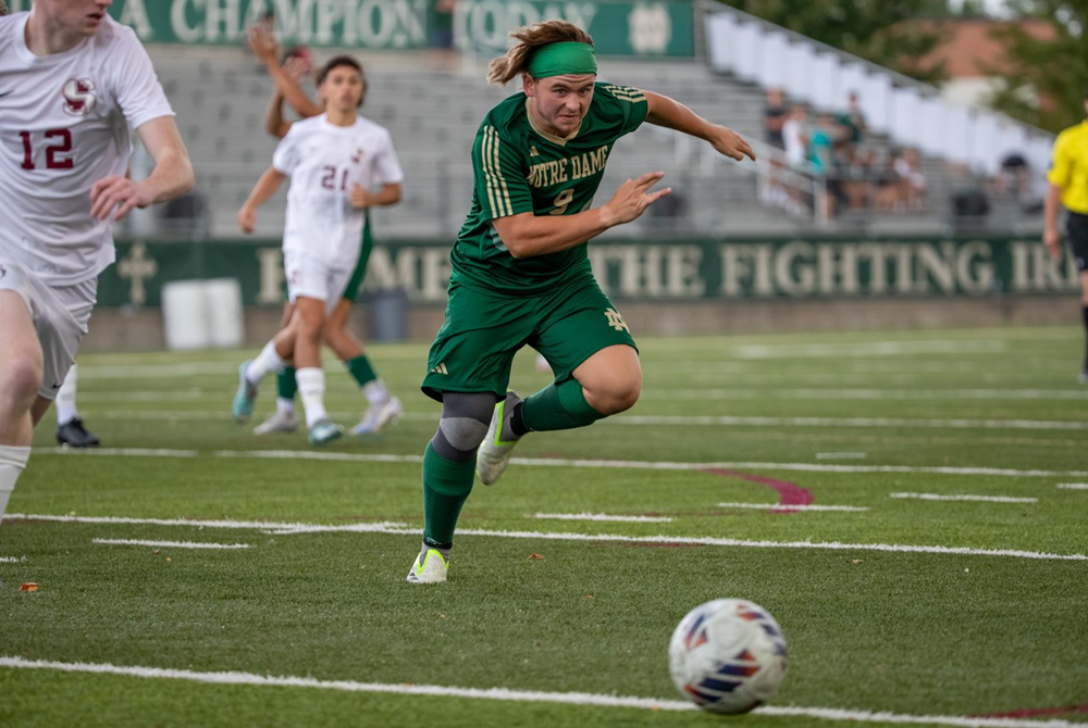 Pontiac Notre Dame Prep’s Edziu Lis (9) pursues the ball during a regular-season victory over Birmingham Seaholm.