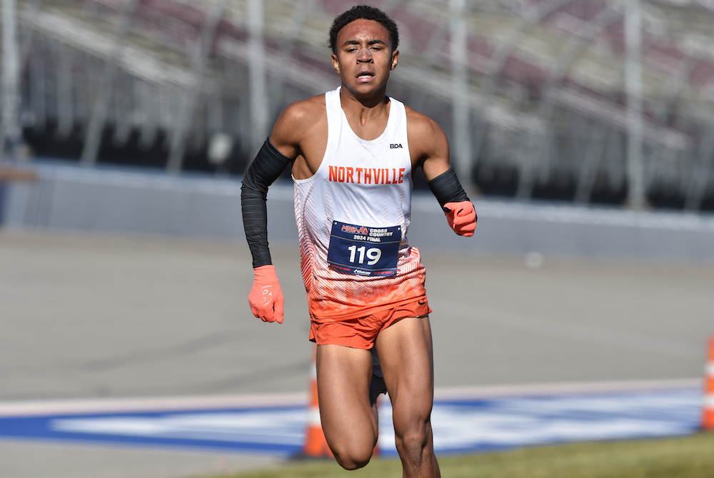 Northville’s Ethan Powell powers toward the finish as his team’s top placer Saturday at MIS.