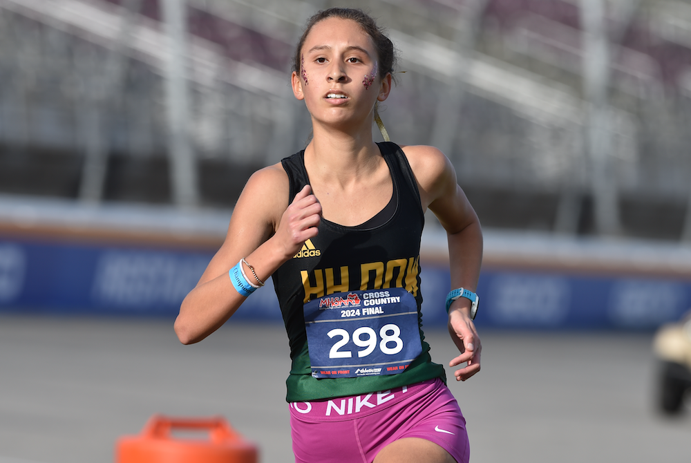 Midland Dow’s Victoria Garces eyes the finish as she pushes for what ended up the second-fastest girls time in Finals history at MIS.