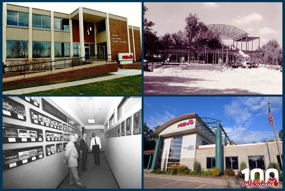 Clockwise from top left: The former MHSAA office on Trowbridge Road. (2) Work is underway on the new MHSAA building on Ramblewood Drive. (3) The MHSAA office on Ramblewood before recent updates that included a switch from green to gray on the exterior. (4) Now-retired assistant director Nate Hampton, far right, and others walk the upstairs hallway of the recently-built Ramblewood building. 