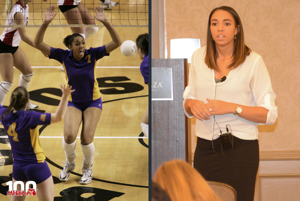 At left, Leland's Alisha Glass celebrates with her teammates during the 2006 MHSAA Finals; at right, Glass speaks during an MHSAA Women In Sports Leadership Conference.