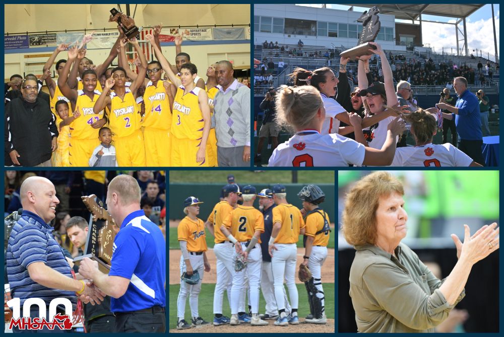 Clockwise from top left: (1) Former Ypsilanti Community and current Wayne Memorial boys basketball coach Steve Brooks (far right) celebrates with a trophy-winning team. (2) Brighton girls lacrosse coach Ashton Peters raises the Division 1 championship trophy in the spring. (3) Pontiac Notre Dame Prep volleyball coach Betty Wroubel applauds during pre-match introductions. (4) Trenton baseball coach Todd Szalka (middle) huddles on the mound during last season's Division 2 Semifinals. (5) Past Calumet athletic