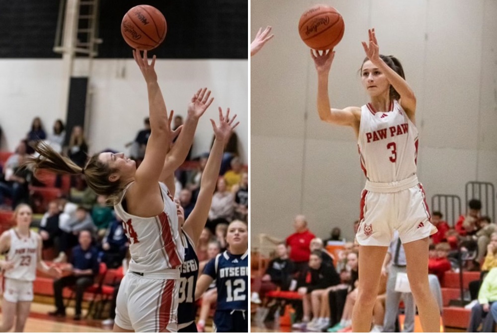 At left, Paw Paw senior AJ Rickli gets a shot up against Otsego last season; at right, senior Grace Mitchell releases a jumper. 