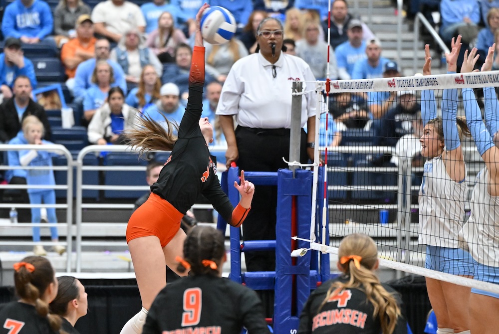 Tecumseh’s Maddy Vanblack (2) elevates for a kill attempt during her team’s five-set win over Essexville Garber in Division 2. Vanblack finished with 11 kills and 19 digs.