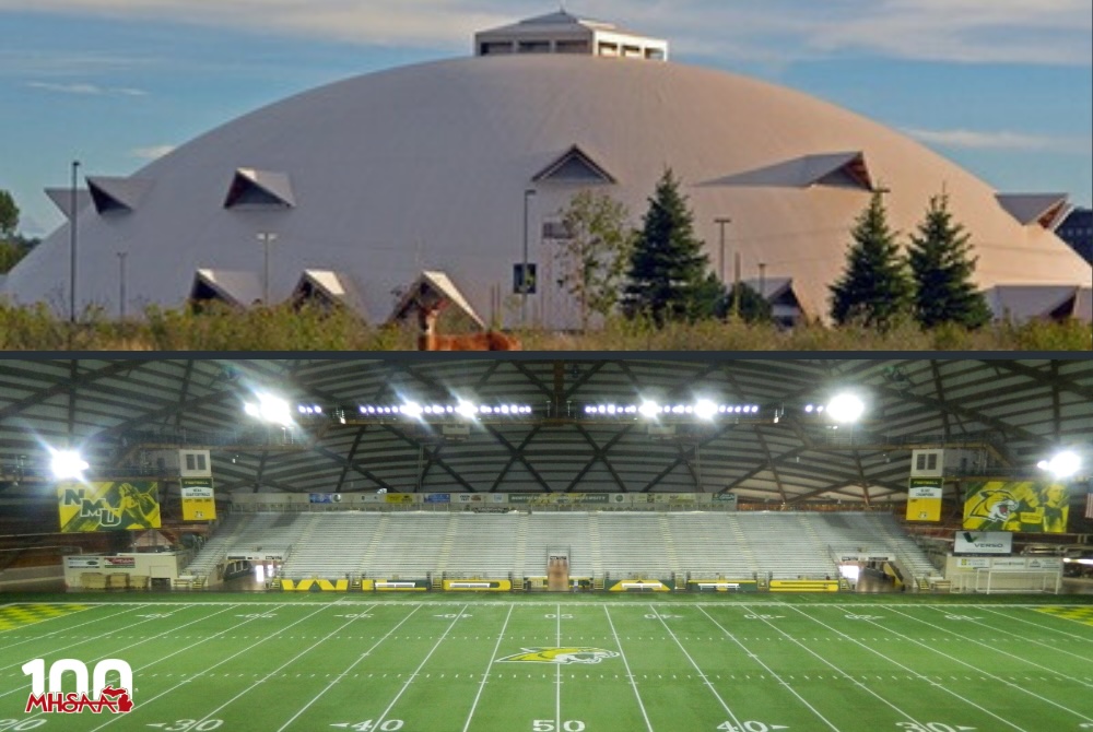 The top of this graphic shows the exterior of the Superior Dome. The bottom of the graphic shows the interior football field.