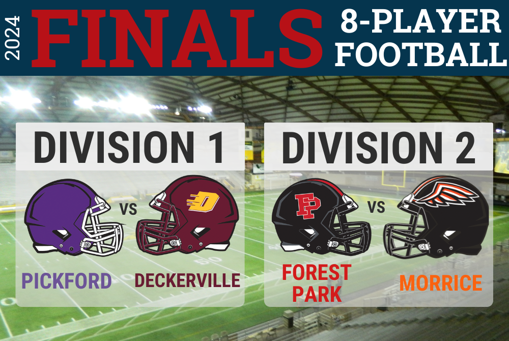 This graphic shows helmets from the teams playing in the 2024 8-Player Football Finals, Pickford and Deckerville in Division 1 and Crystal Falls Forest Park and Morrice in Division 2.