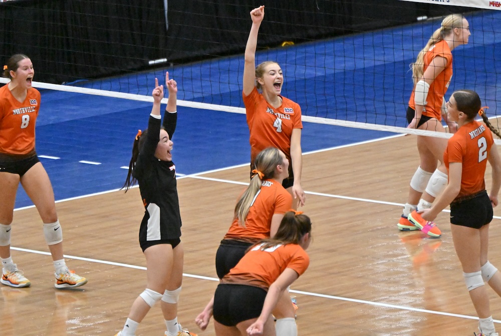 Northville’s side of the court celebrates Saturday, including Brooke Feller (4).