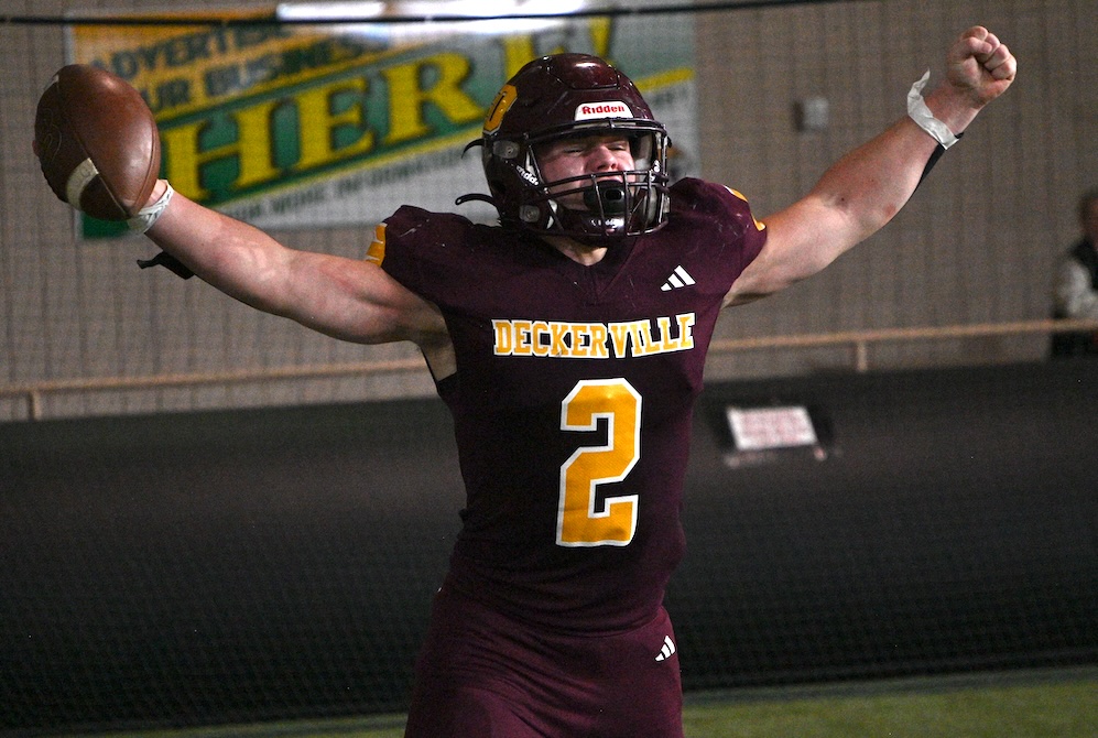 Deckerville's Brandon Salowitz celebrates his second-half touchdown reception.