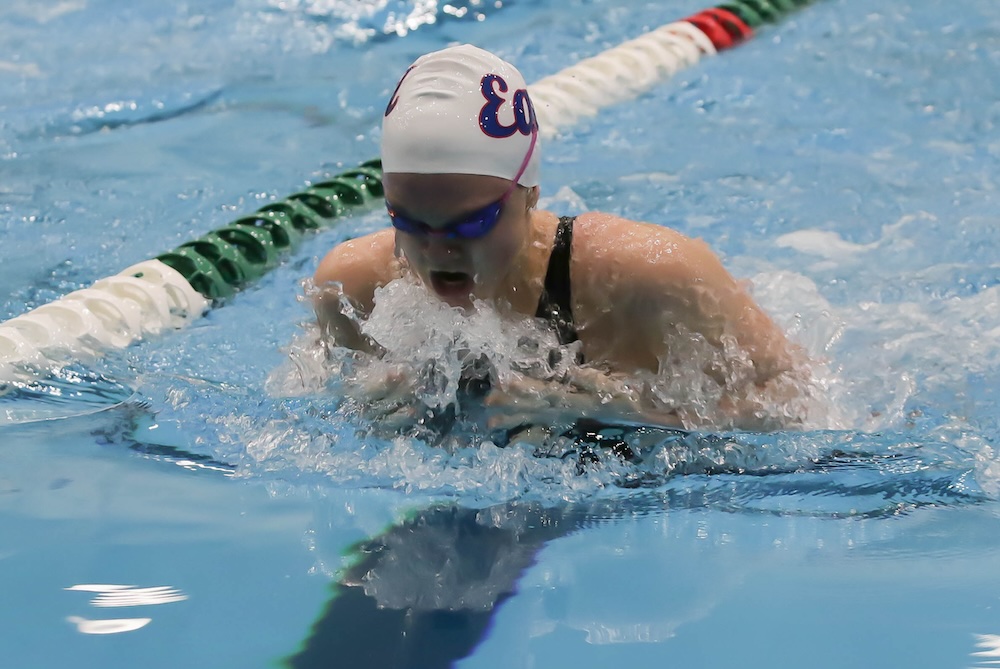 East Grand Rapids’ Ellery Chandler swims the breaststroke during Friday’s preliminaries at Oakland University.