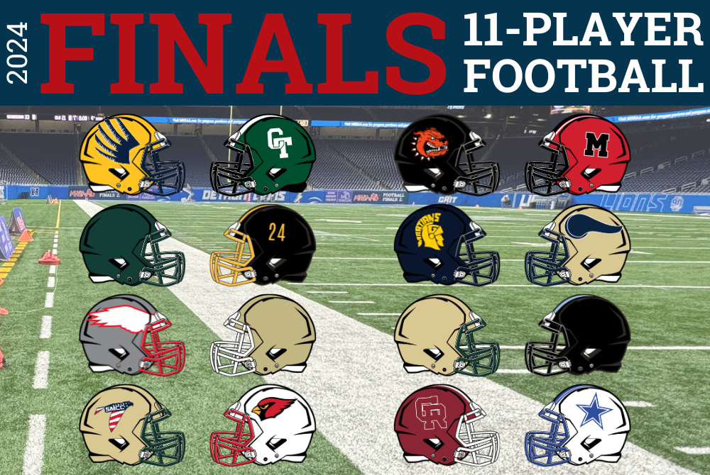 This graphic shows helmets for all 16 teams playing at the 2024 11-Player Football Finals at Ford Field.