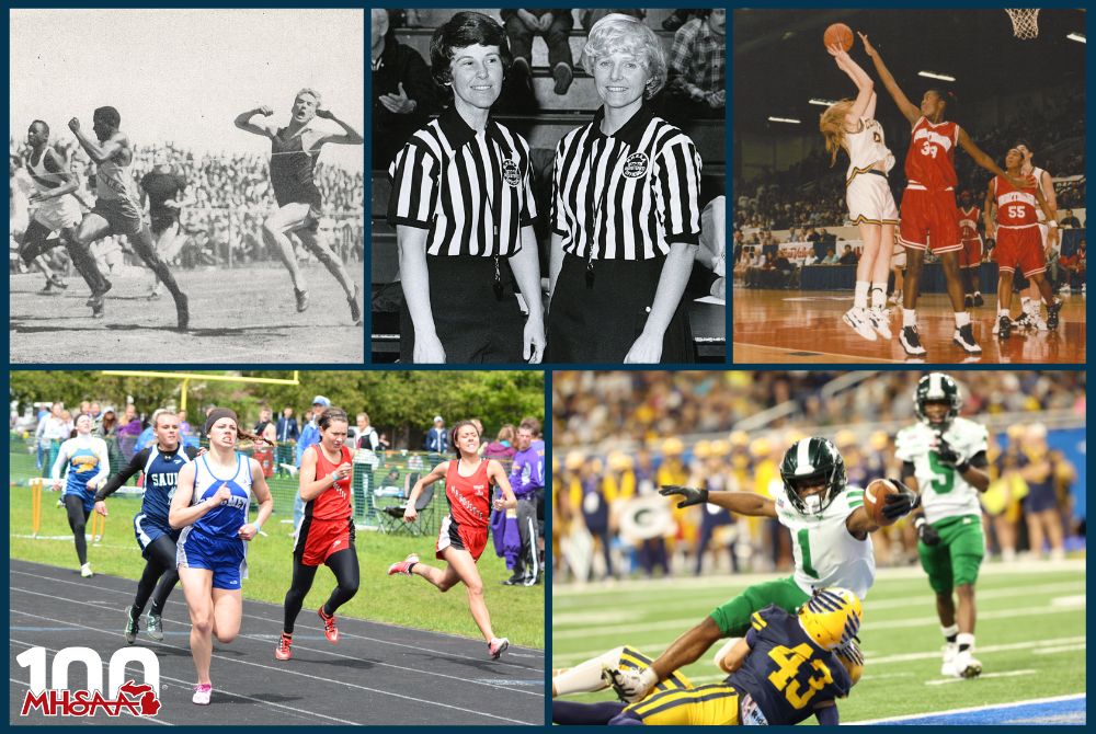 Clockwise from left: Runners approach the finish line during a race at the 1950 Lower Peninsula Track & Field Finals at Michigan State College. A pair of officials take a photo during the 1977-78 school year. Flint Northern's Tawana McDonald gets a hand up on a shot by Walled Lake Central's Nicole Mullins during the 1996 Girls Basketball Finals. Racers sprint toward the finish during the 2015 Upper Peninsula Girls Track & Field Finals at Kingsford. Detroit Cass Tech's Corey Sadler Jr. stretches for the end 